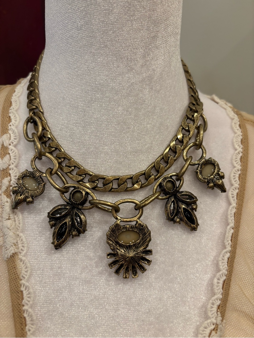 ViVI Taupe and Gold Statement Necklace with Crystal Accents - Picture 3 of 6